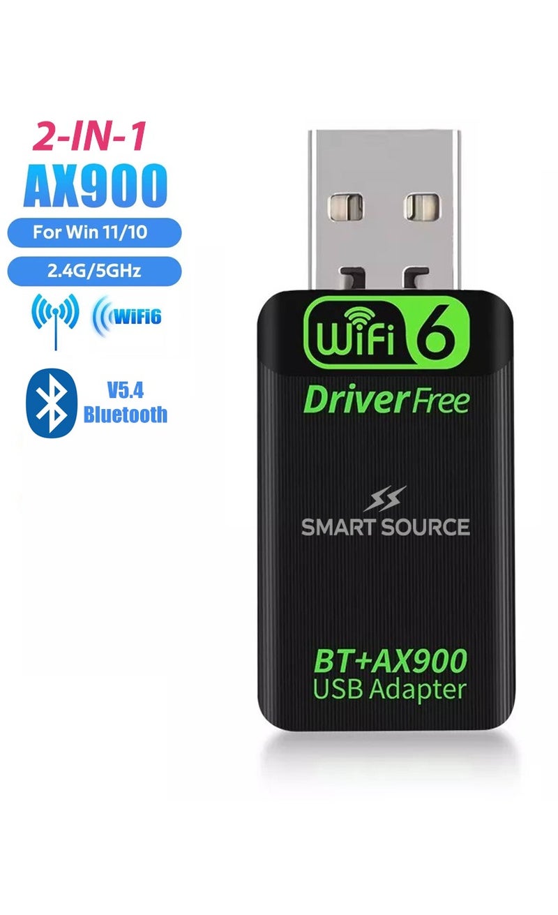 SMART SOURCE WiFi 6 USB Adapter AX900 | High Speed Wireless USB WiFi Dongle With Bluetooth 5.4 For PC Laptop | Dual Band 2.4GHz 5GHz | Fast Stable Internet USB Adapter - Image 1
